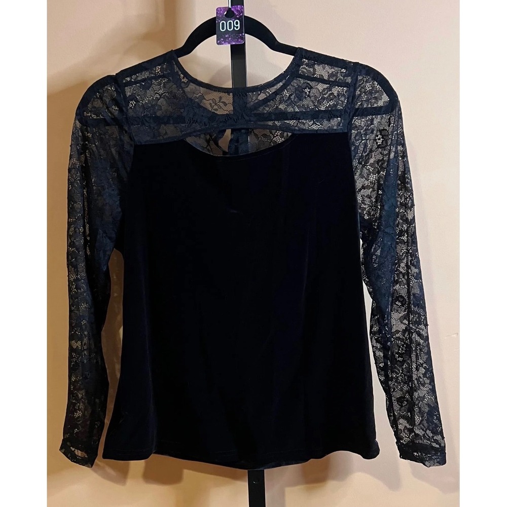 SHEIN Curve Black Velvet Lace Long Sleeve Top Blouse 0XL Keyhole Back